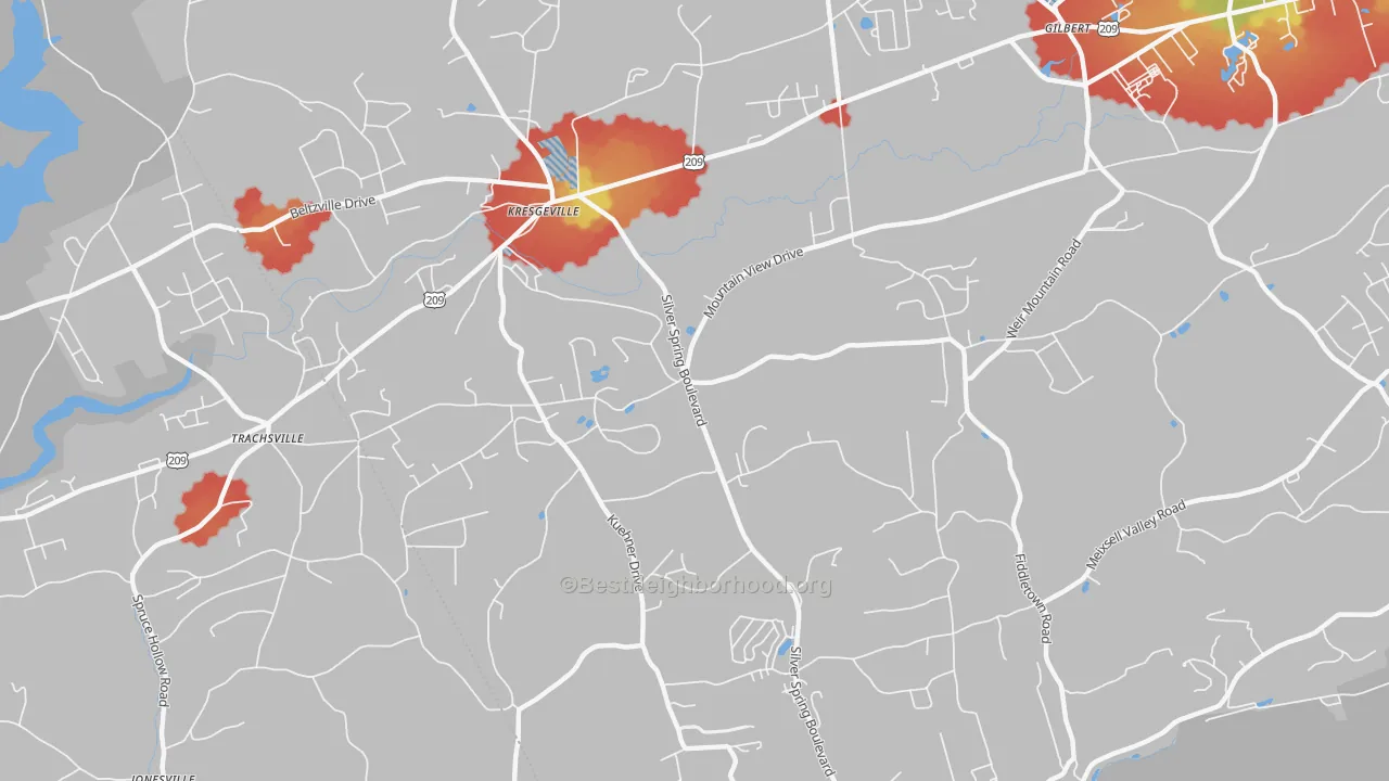 Walk Grade map of Little Gap, PA, walkable areas in green and car-dependent areas in red