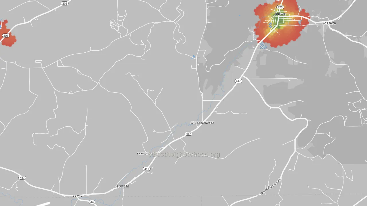 Walk Grade map of Little Genesee, NY, walkable areas in green and car-dependent areas in red