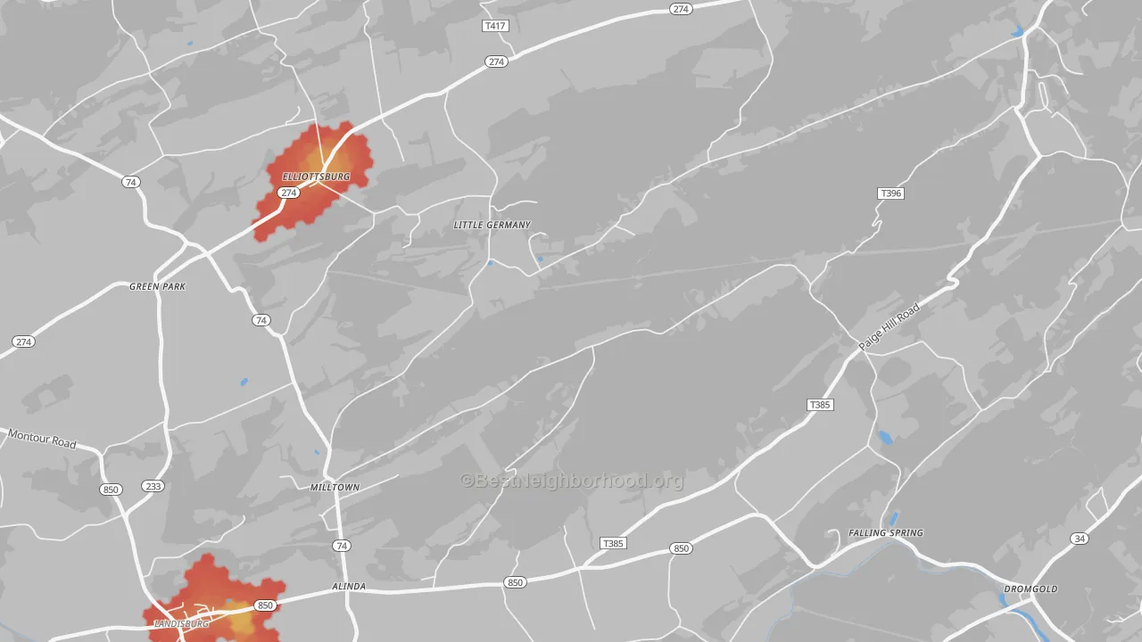 Walk Grade map of Little Germany, PA, walkable areas in green and car-dependent areas in red