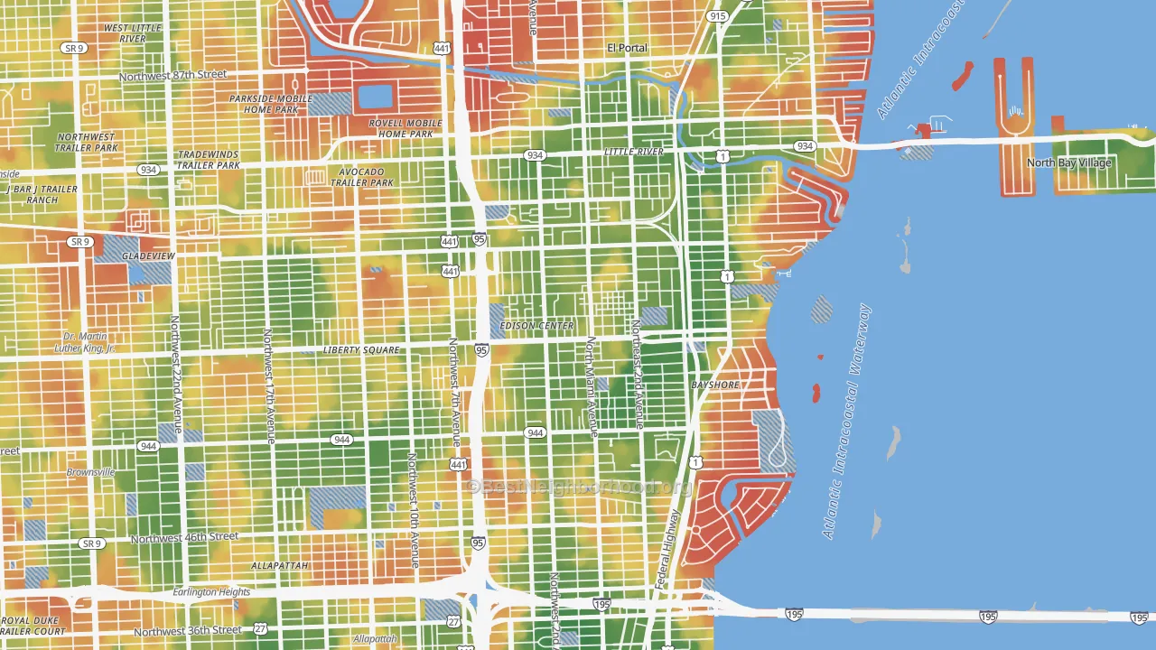Walk Grade map of Little Haiti, Miami, FL, walkable areas in green and car-dependent areas in red