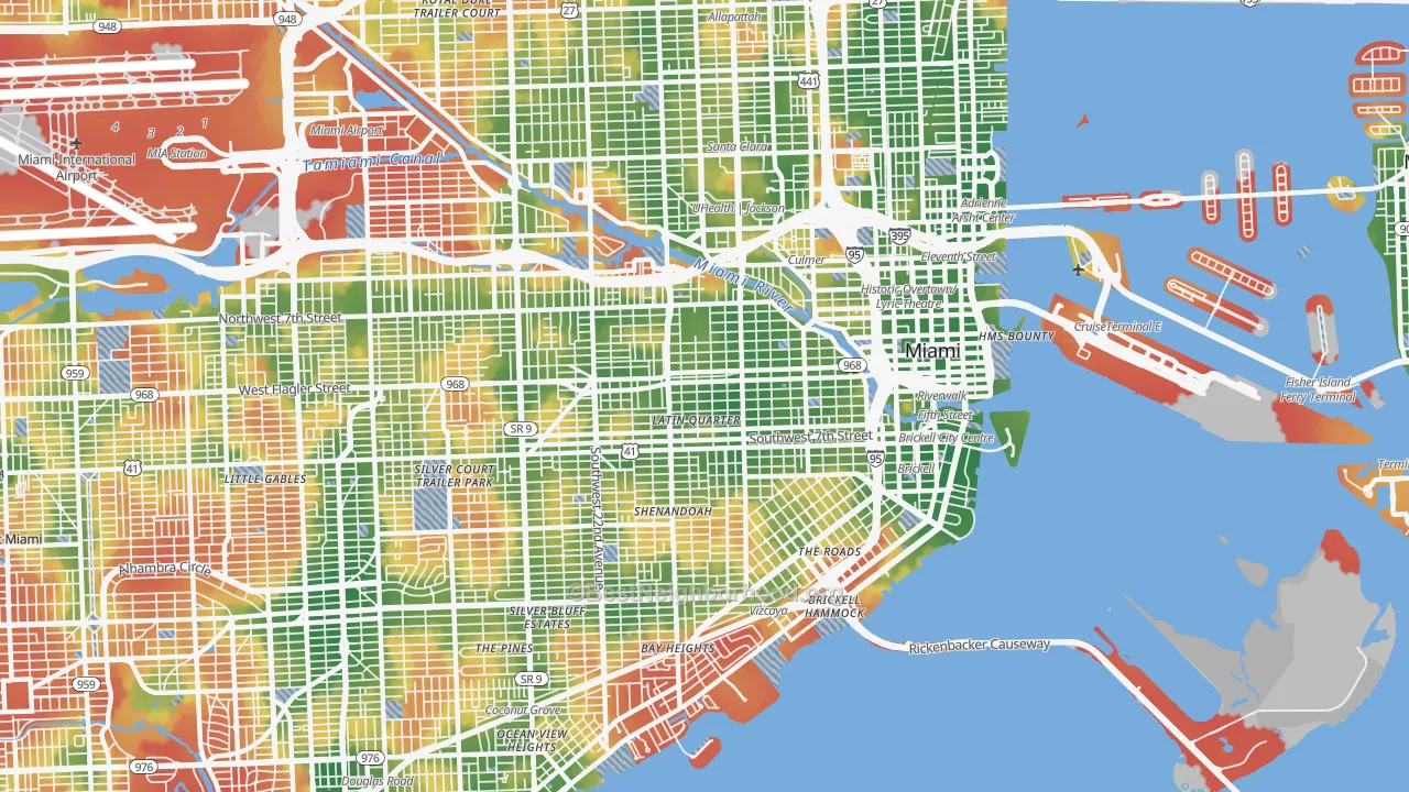 Walk Grade map of Little Havana, Miami, FL, walkable areas in green and car-dependent areas in red