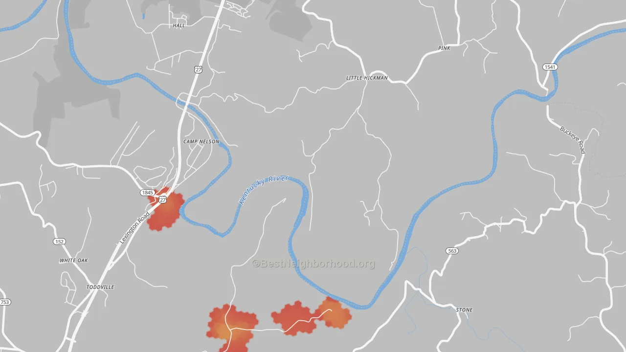 Walk Grade map of Little Hickman, KY, walkable areas in green and car-dependent areas in red