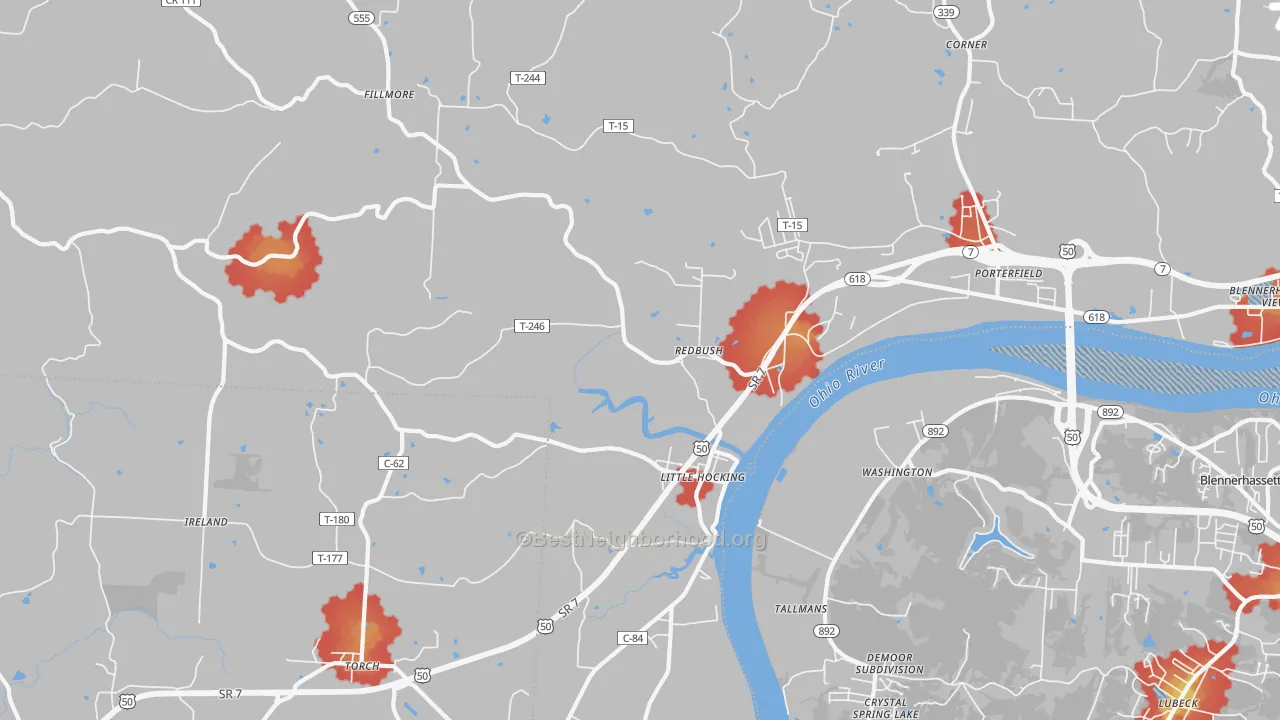 Walk Grade map of Little Hocking, OH, walkable areas in green and car-dependent areas in red