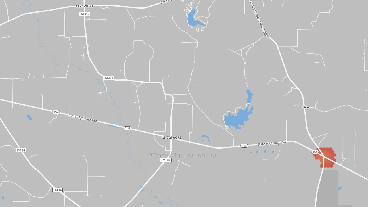 Walk Grade map of Little Hope, TX, walkable areas in green and car-dependent areas in red