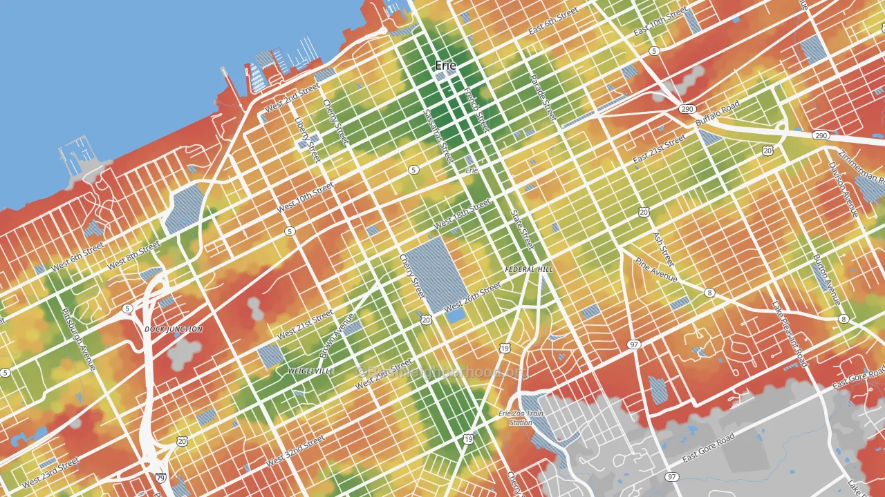 Walk Grade map of Little Italy, Erie, PA, walkable areas in green and car-dependent areas in red