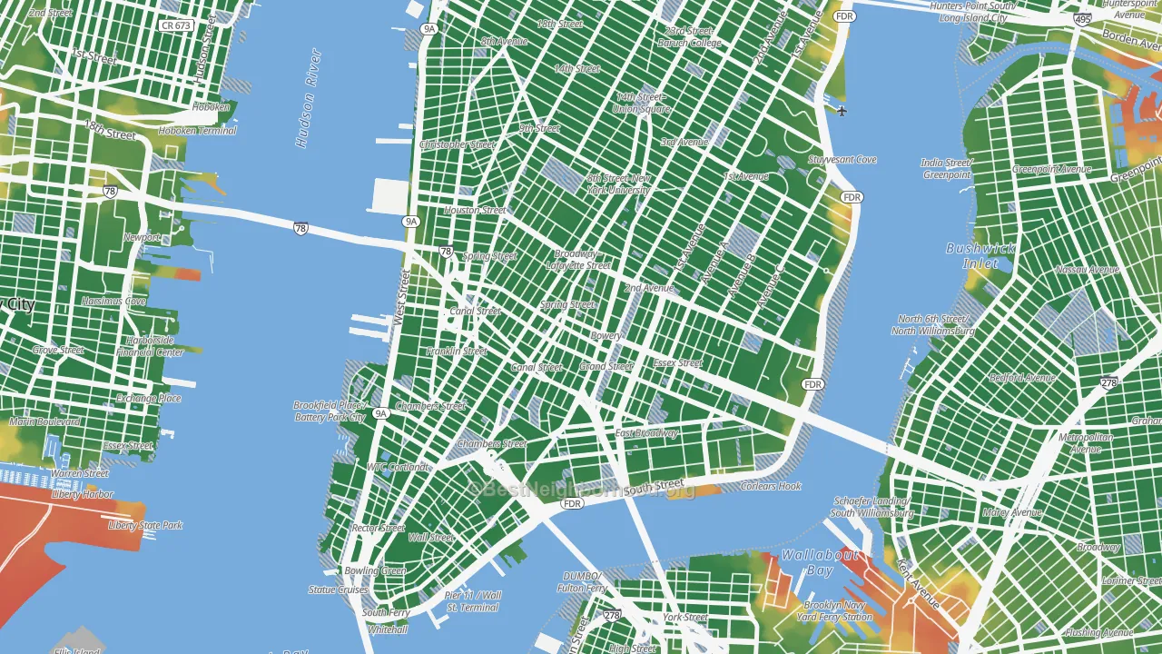 Walk Grade map of Little Italy, Manhattan, NY, walkable areas in green and car-dependent areas in red