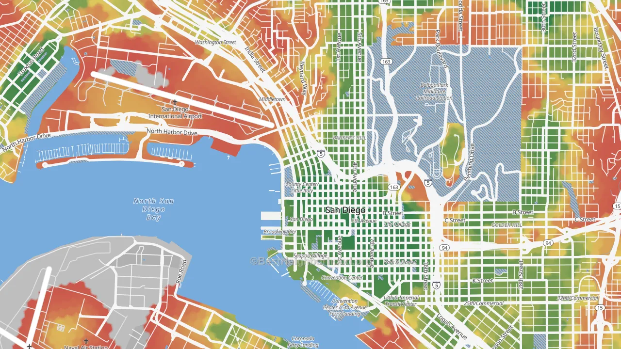 Walk Grade map of Little Italy, San Diego, CA, walkable areas in green and car-dependent areas in red