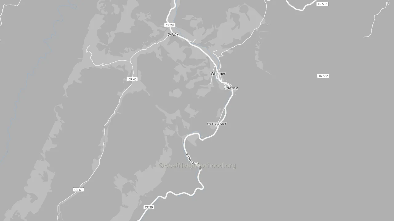 Walk Grade map of Little Italy, WV, walkable areas in green and car-dependent areas in red