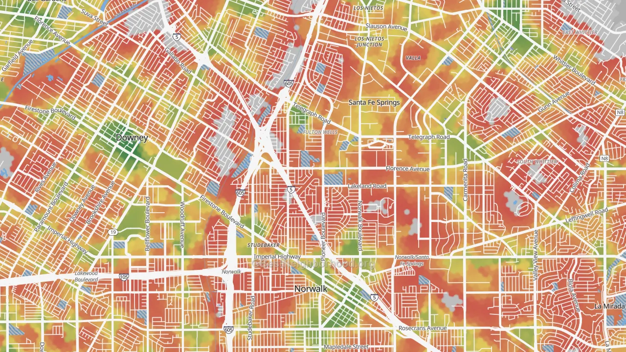 Walk Grade map of Little Lake City, Santa Fe Springs, CA, walkable areas in green and car-dependent areas in red