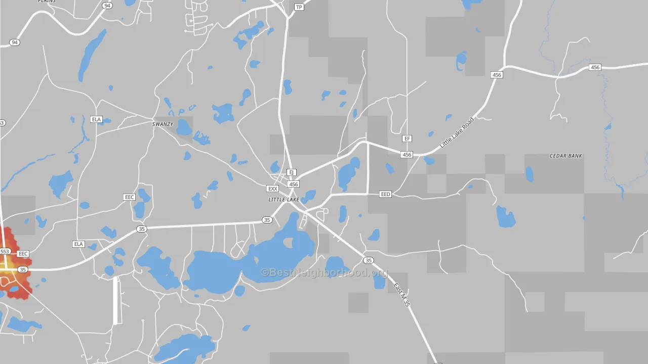 Walk Grade map of Little Lake, MI, walkable areas in green and car-dependent areas in red