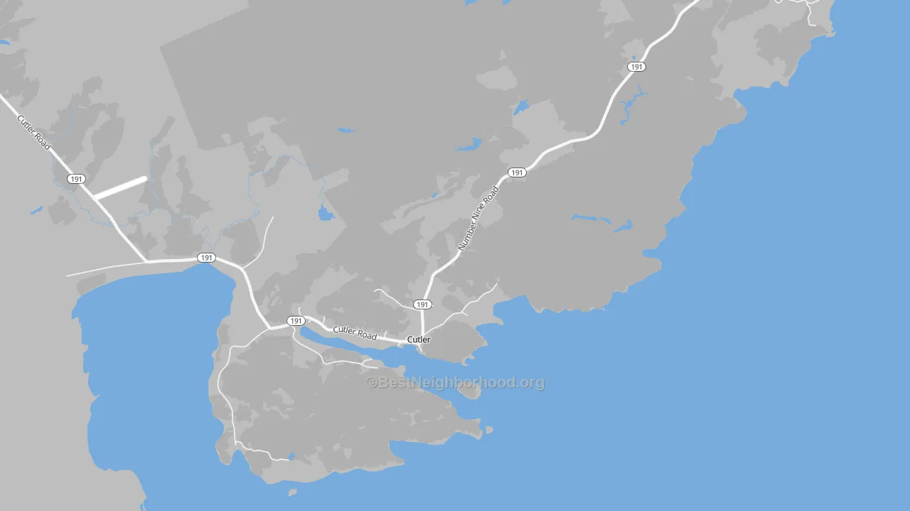 Walk Grade map of Little Machias, ME, walkable areas in green and car-dependent areas in red