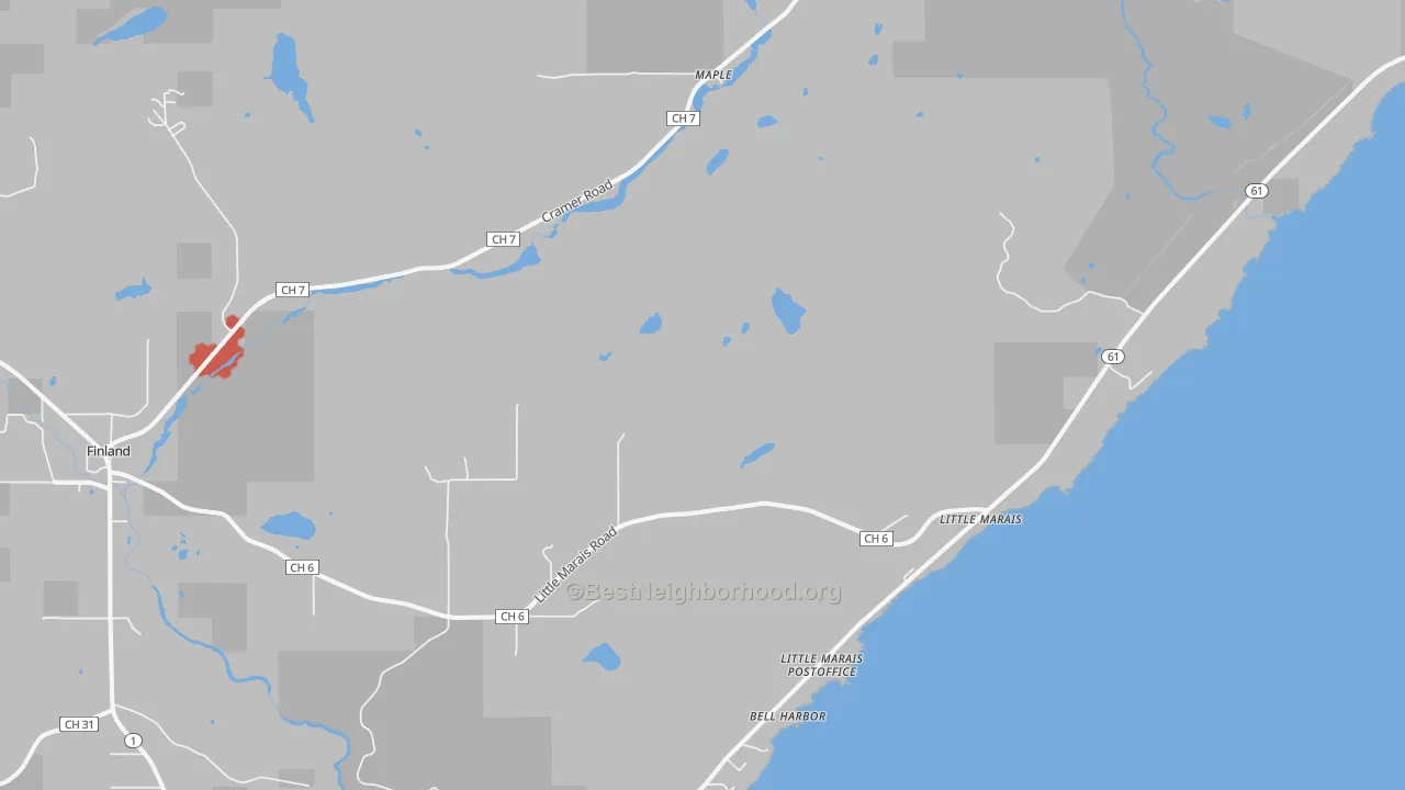 Walk Grade map of Little Marais, MN, walkable areas in green and car-dependent areas in red