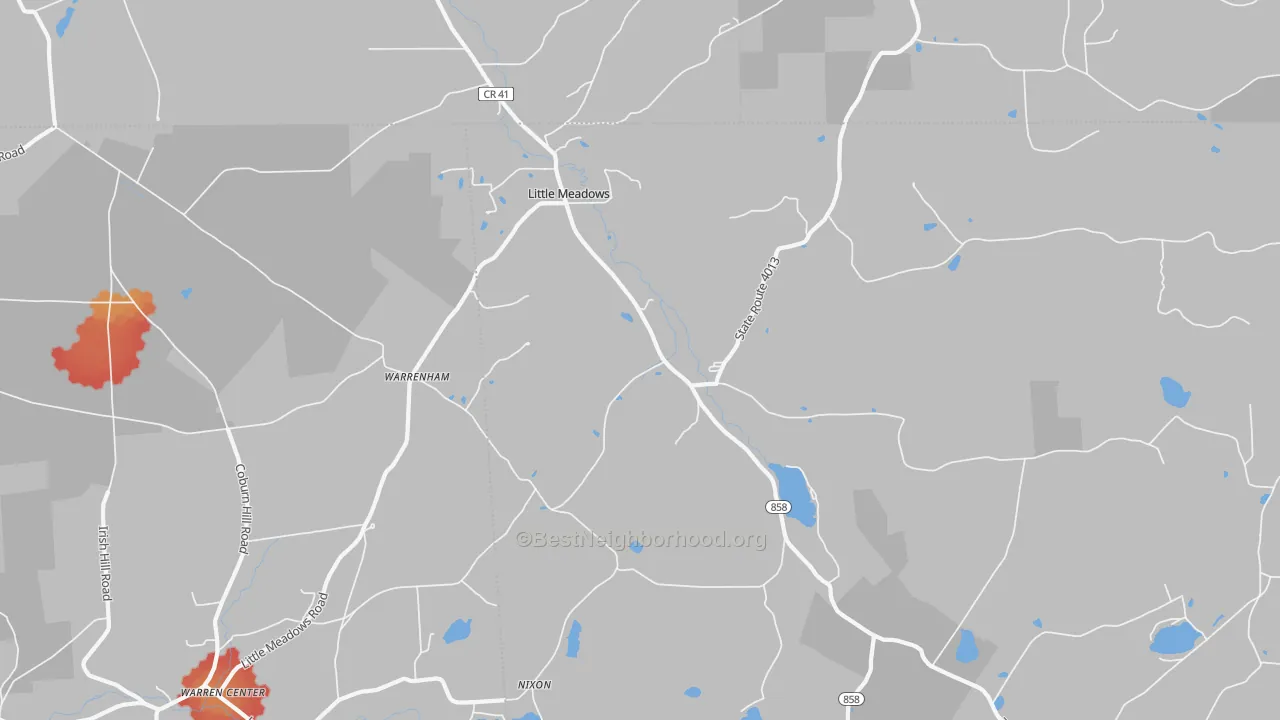 Walk Grade map of Little Meadows, PA, walkable areas in green and car-dependent areas in red