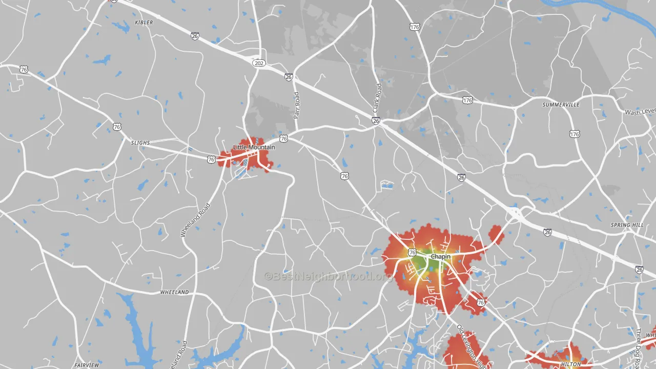 Walk Grade map of Little Mountain, SC, walkable areas in green and car-dependent areas in red