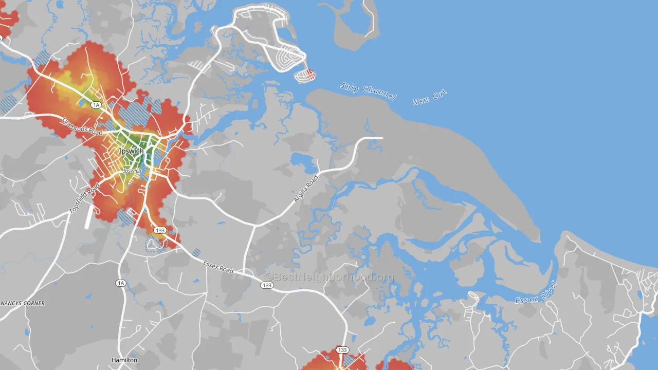 Walk Grade map of Little Neck, MA, walkable areas in green and car-dependent areas in red