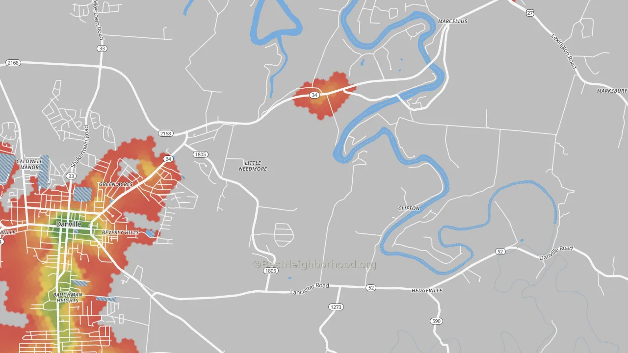 Walk Grade map of Little Needmore, KY, walkable areas in green and car-dependent areas in red