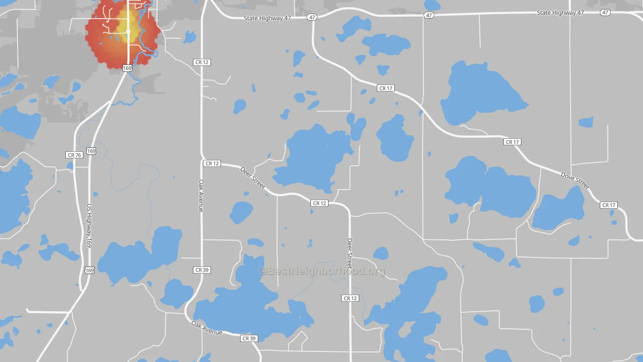 Walk Grade map of Little Pine, MN, walkable areas in green and car-dependent areas in red