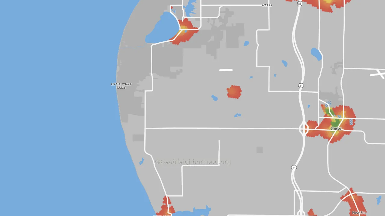 Walk Grade map of Little Point Sable, MI, walkable areas in green and car-dependent areas in red