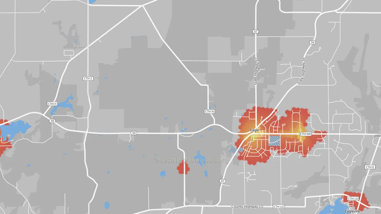 Walk Grade map of Little Prairie, WI, walkable areas in green and car-dependent areas in red