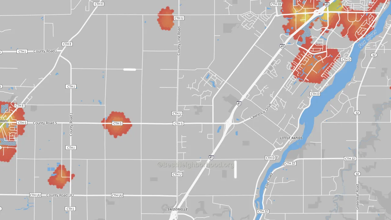 Walk Grade map of Little Rapids, WI, walkable areas in green and car-dependent areas in red