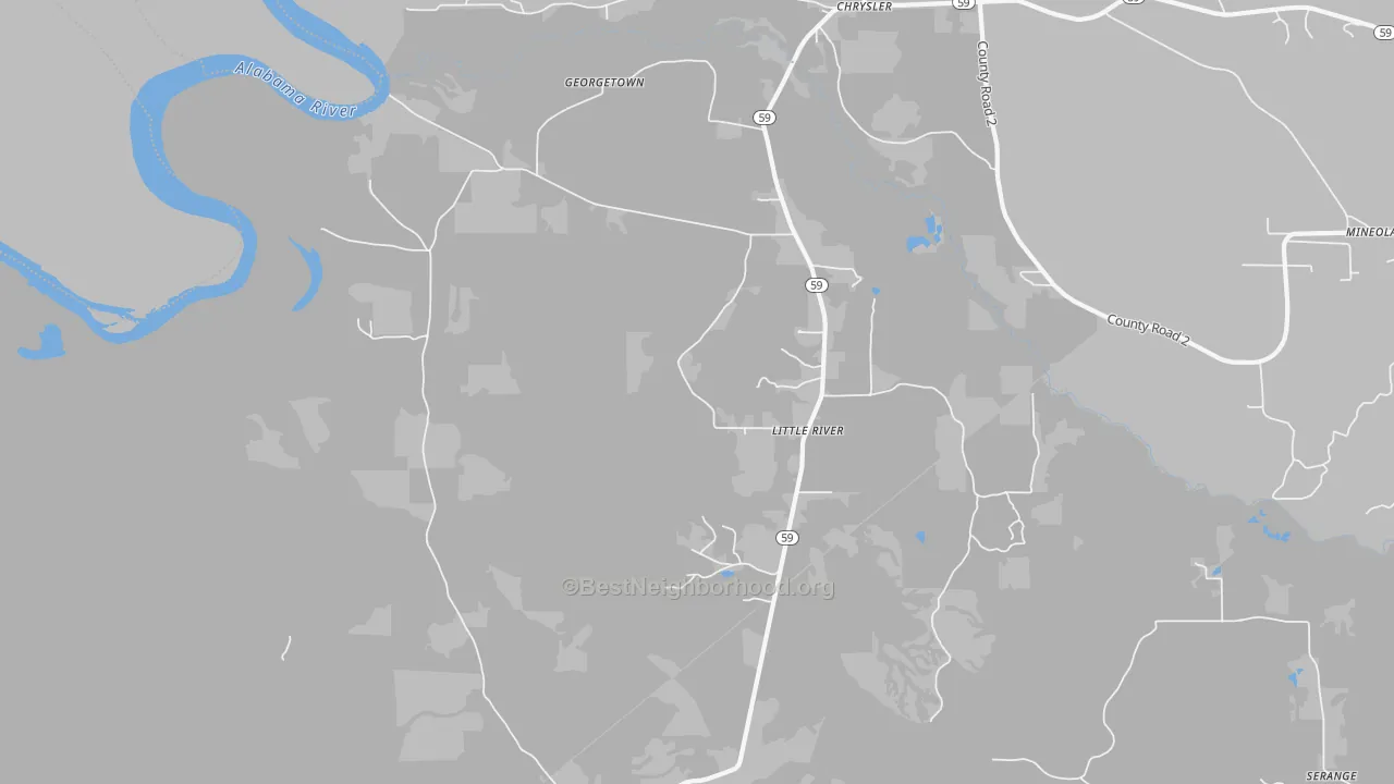 Walk Grade map of Little River, AL, walkable areas in green and car-dependent areas in red