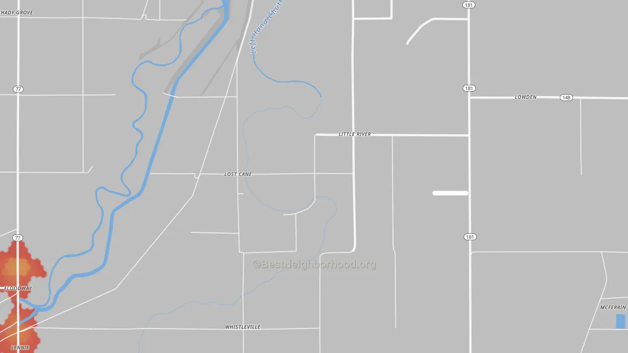 Walk Grade map of Little River, AR, walkable areas in green and car-dependent areas in red