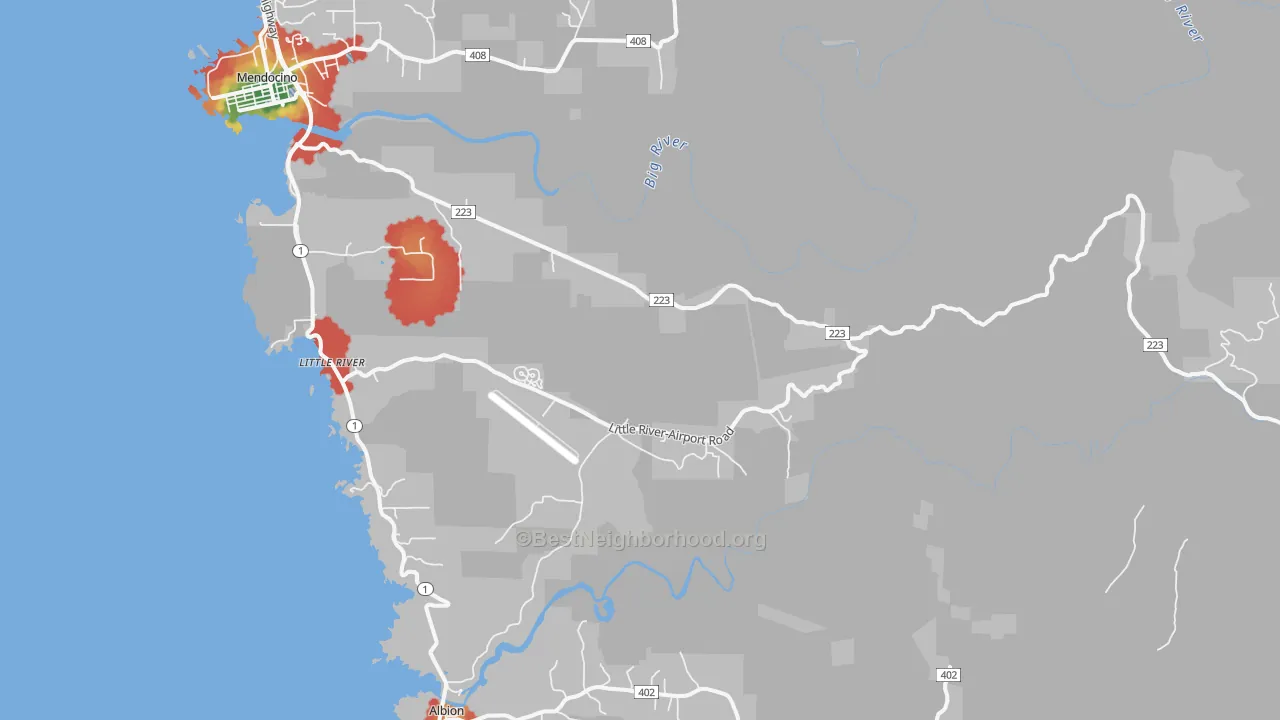 Walk Grade map of Little River, CA, walkable areas in green and car-dependent areas in red