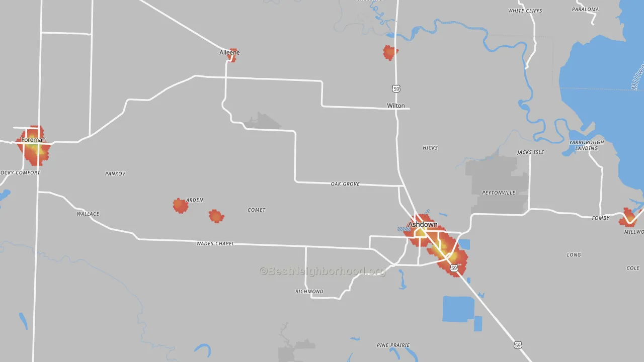 Walk Grade map of Little River County, AR, walkable areas in green and car-dependent areas in red