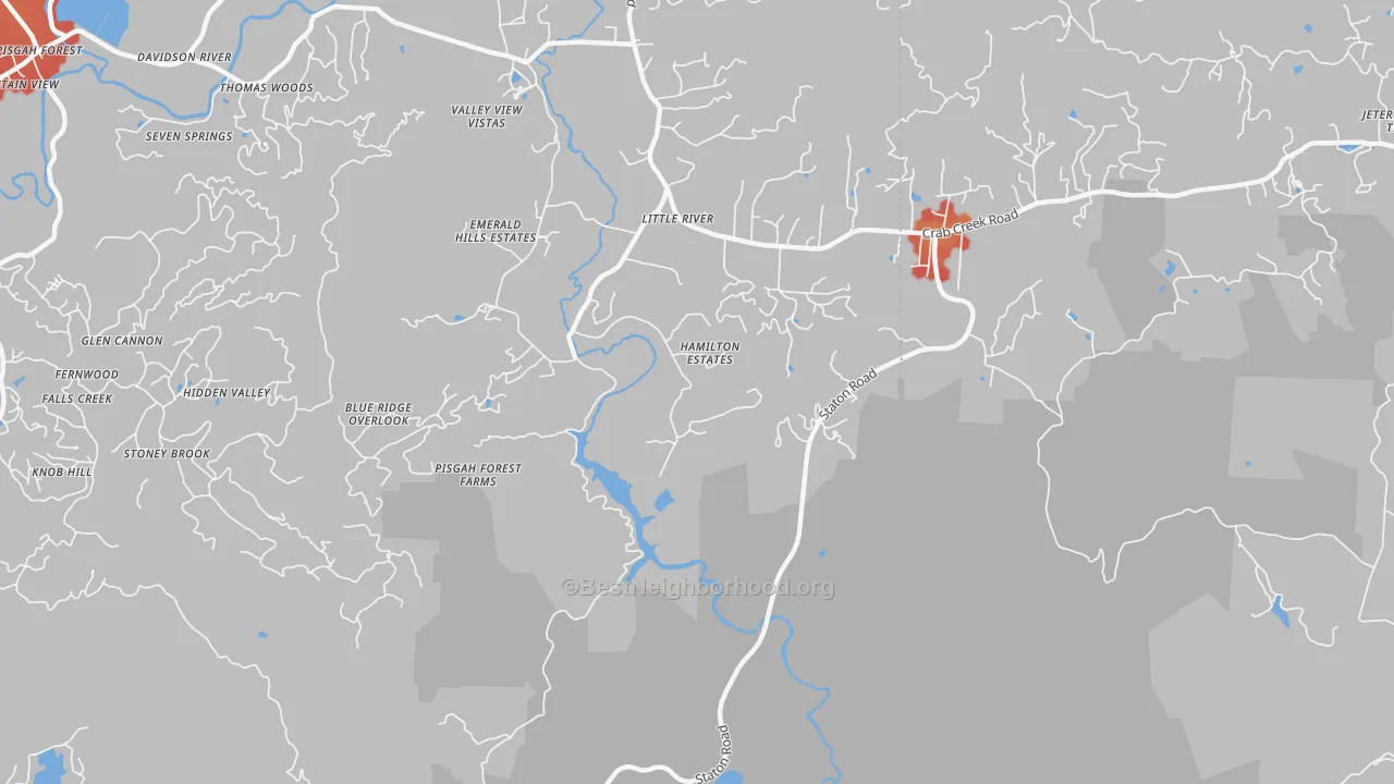 Walk Grade map of Little River, NC, walkable areas in green and car-dependent areas in red