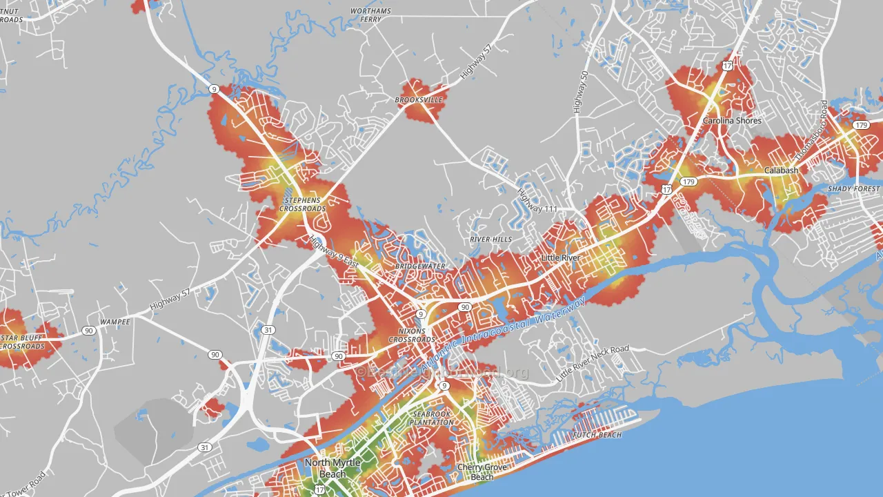 Walk Grade map of Little River, SC, walkable areas in green and car-dependent areas in red