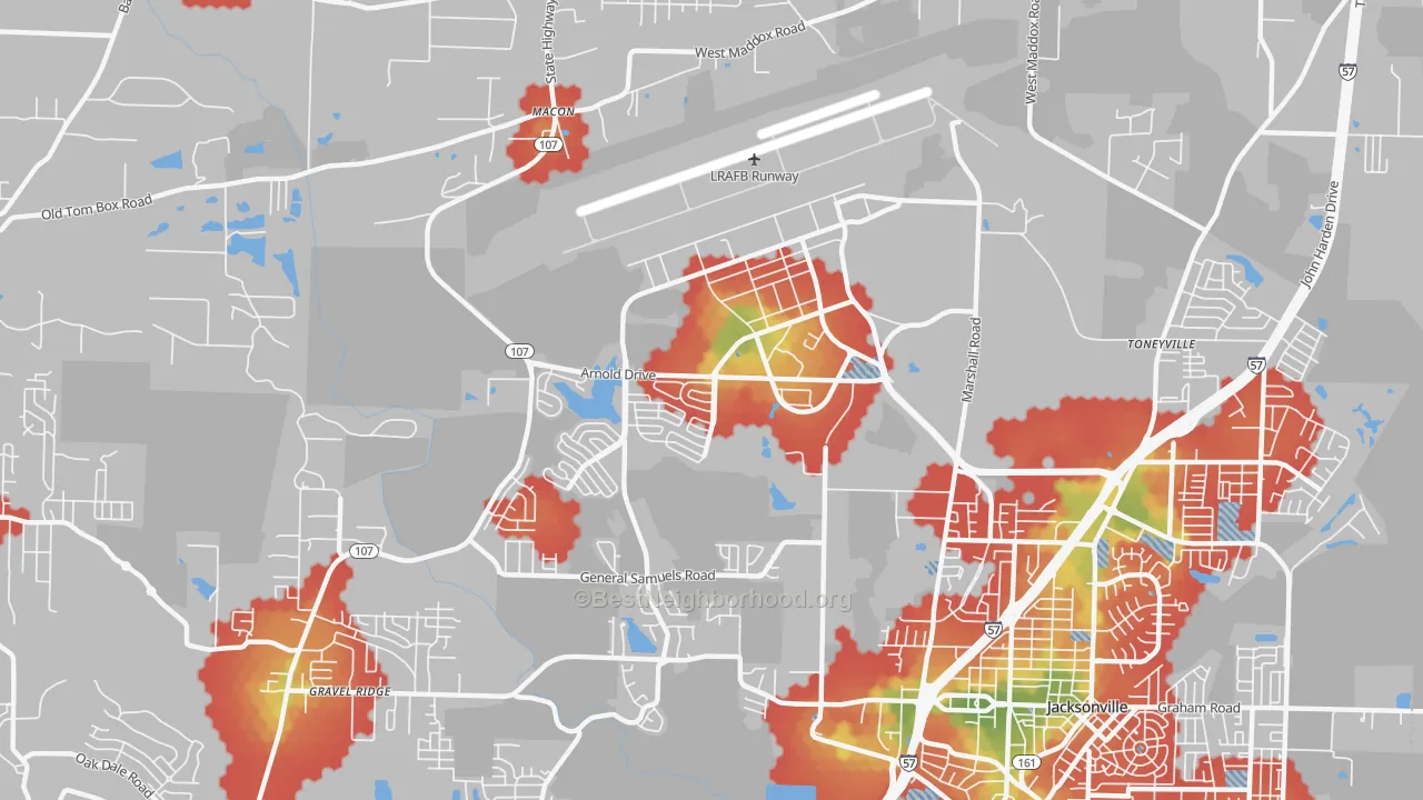 Walk Grade map of Little Rock Air Force Base, AR, walkable areas in green and car-dependent areas in red