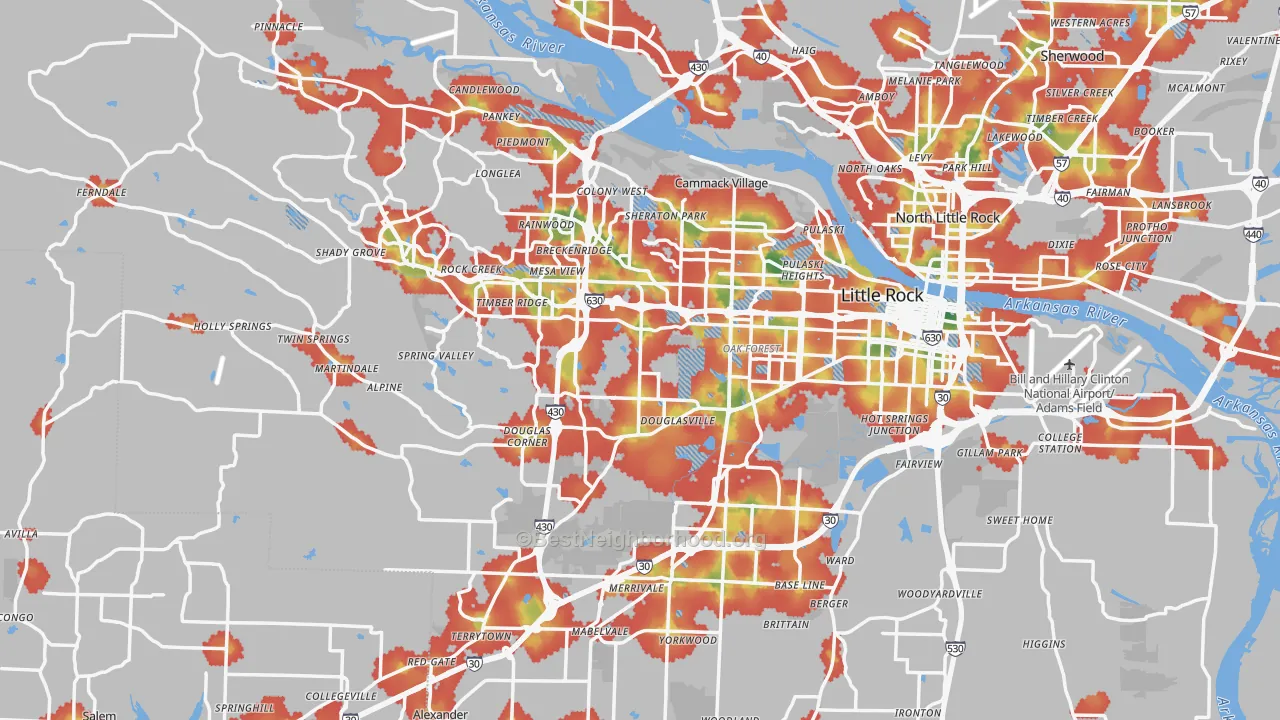 Walk Grade map of Little Rock, AR, walkable areas in green and car-dependent areas in red