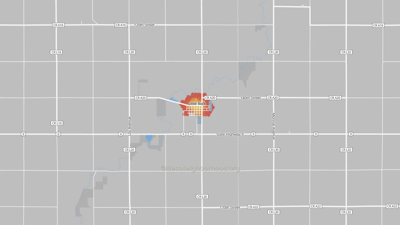 Walk Grade map of Little Rock, IA, walkable areas in green and car-dependent areas in red