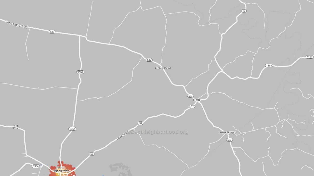 Walk Grade map of Little Rock, KY, walkable areas in green and car-dependent areas in red