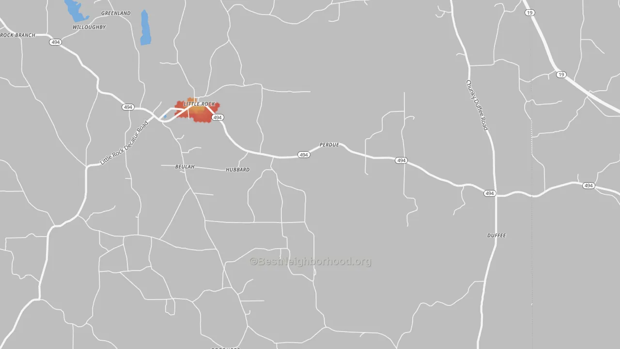 Walk Grade map of Little Rock, MS, walkable areas in green and car-dependent areas in red