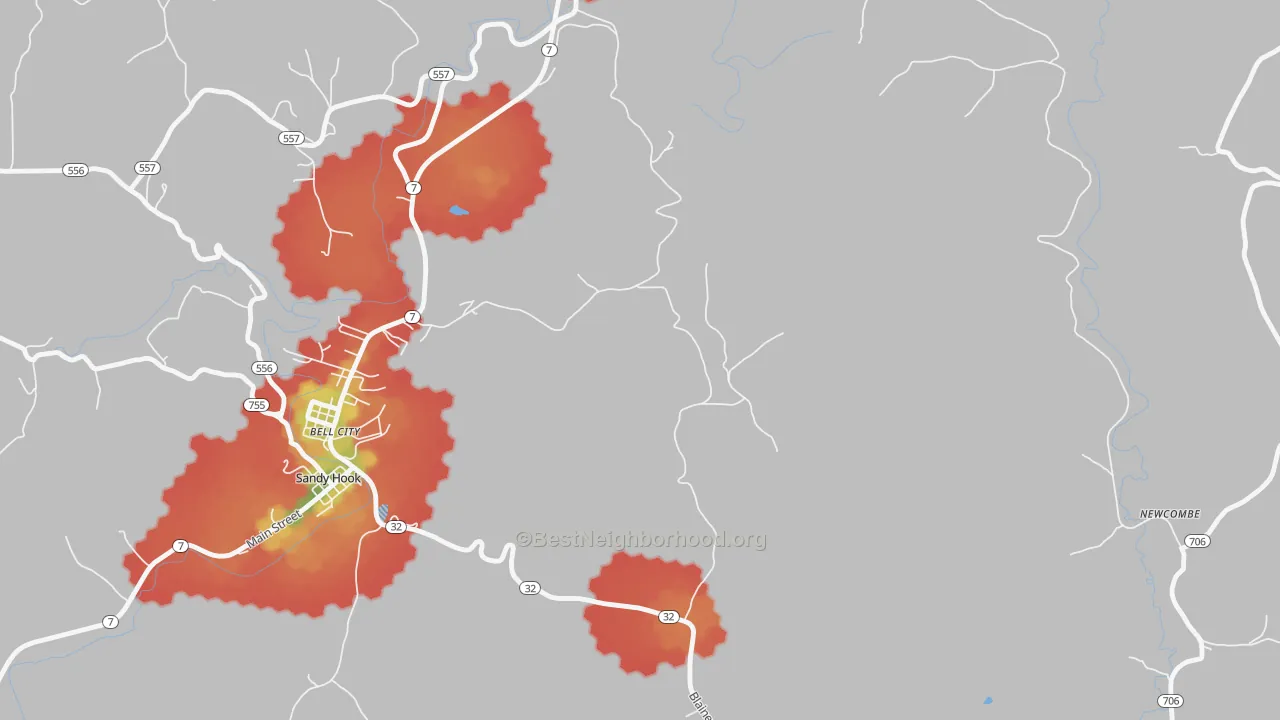 Walk Grade map of Little Sandy, KY, walkable areas in green and car-dependent areas in red