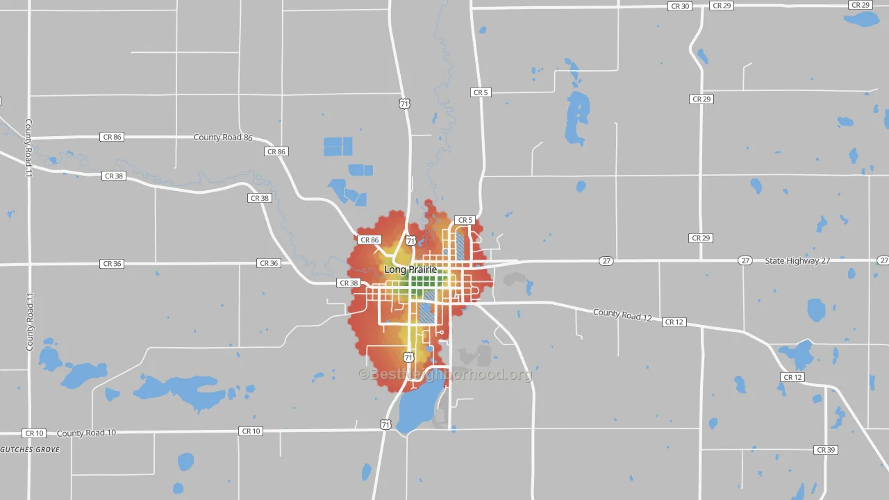 Walk Grade map of Little Sauk, MN, walkable areas in green and car-dependent areas in red