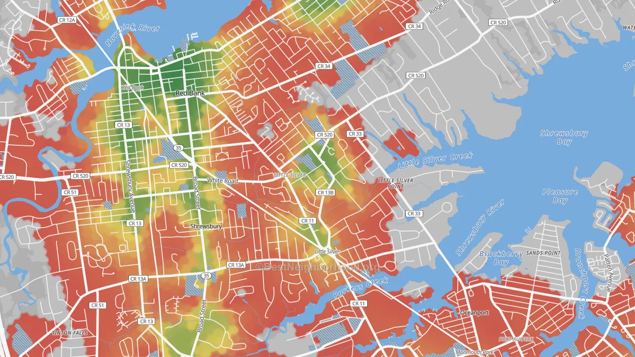 Walk Grade map of Little Silver, NJ, walkable areas in green and car-dependent areas in red