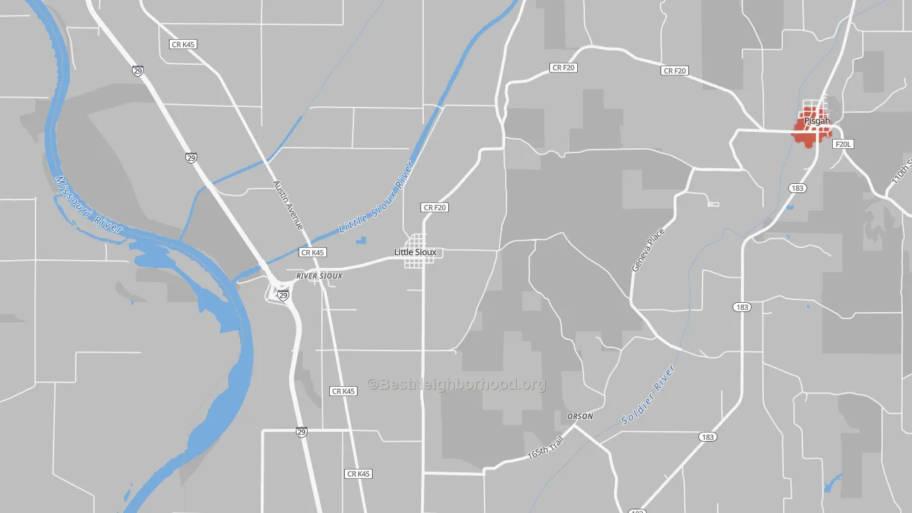Walk Grade map of Little Sioux, IA, walkable areas in green and car-dependent areas in red