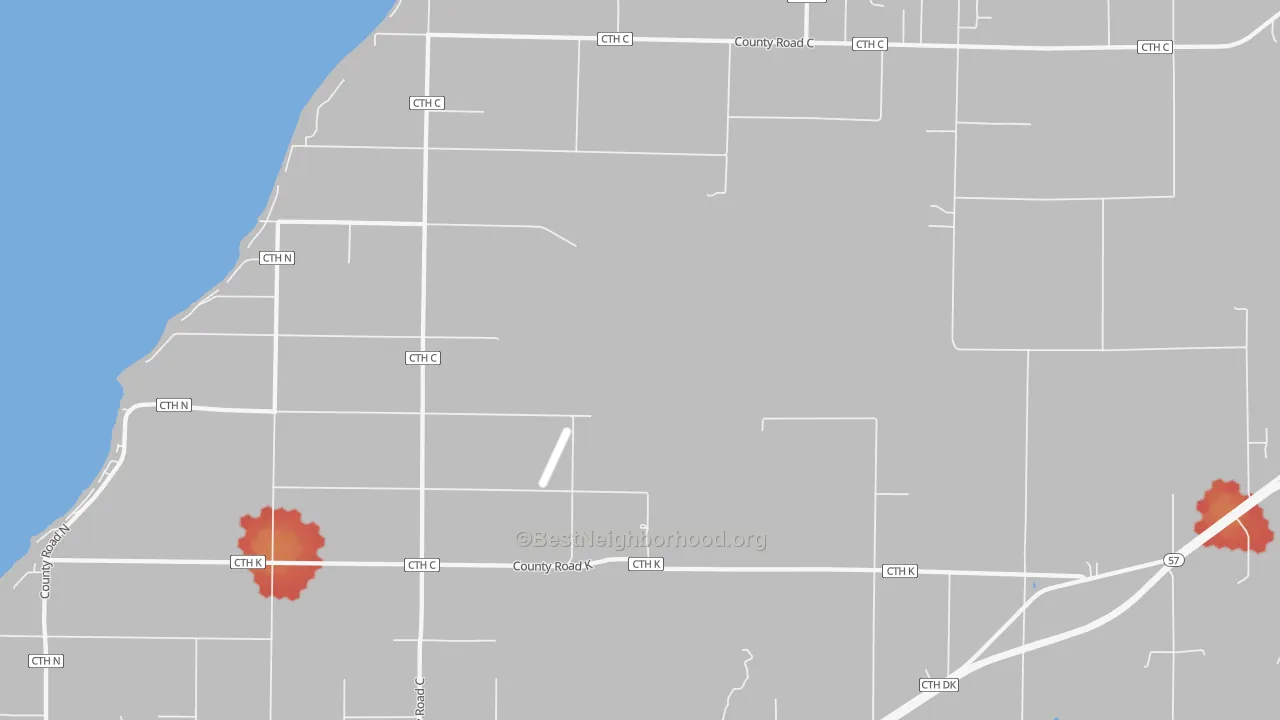 Walk Grade map of Little Sturgeon, WI, walkable areas in green and car-dependent areas in red