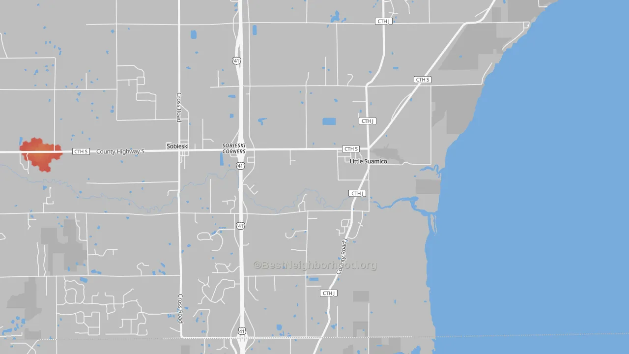 Walk Grade map of Little Suamico, WI, walkable areas in green and car-dependent areas in red