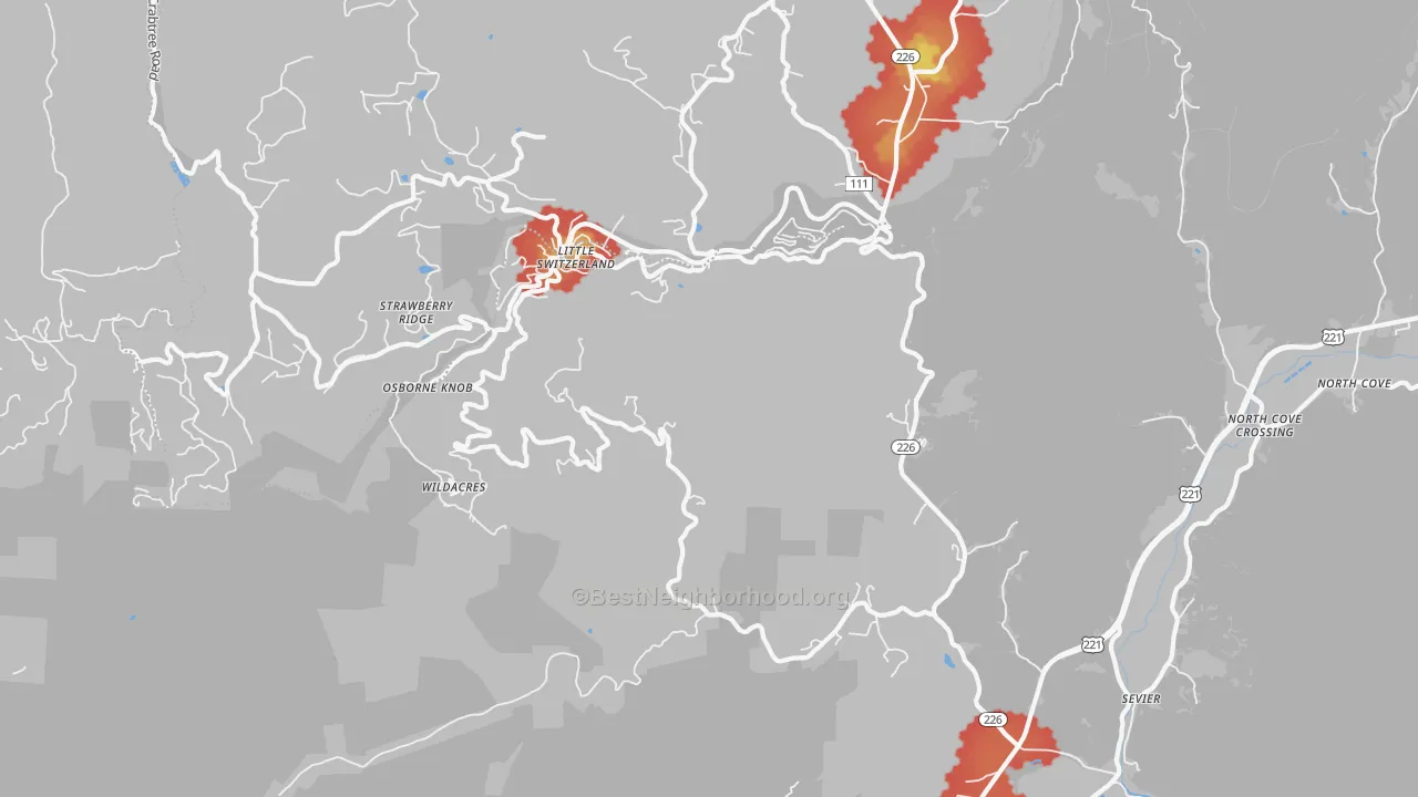 Walk Grade map of Little Switzerland, NC, walkable areas in green and car-dependent areas in red