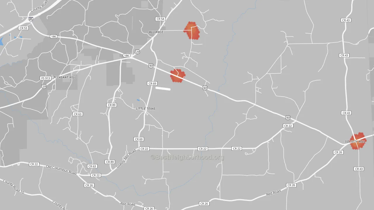 Walk Grade map of Little Texas, AL, walkable areas in green and car-dependent areas in red