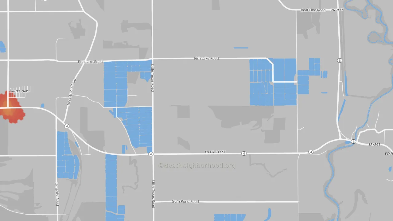 Walk Grade map of Little Texas, MS, walkable areas in green and car-dependent areas in red