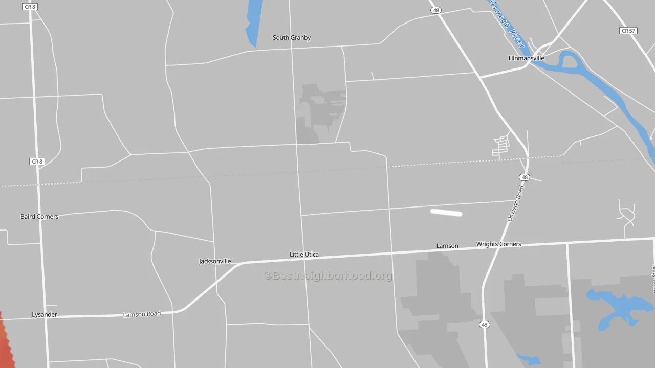 Walk Grade map of Little Utica, NY, walkable areas in green and car-dependent areas in red