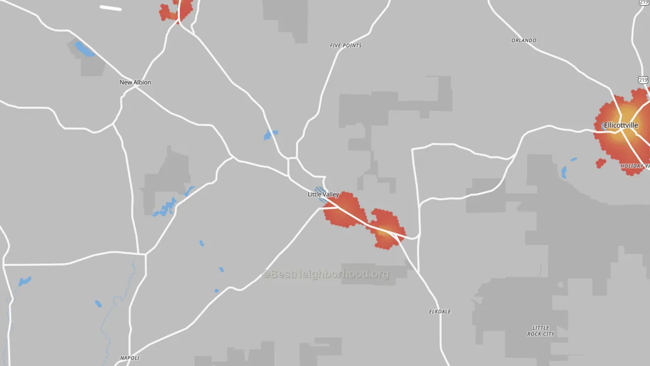 Walk Grade map of Little Valley, NY, walkable areas in green and car-dependent areas in red