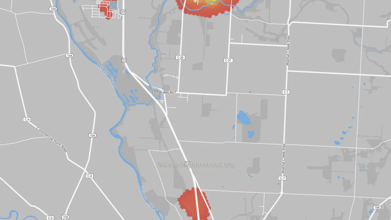 Walk Grade map of Little Walnut, OH, walkable areas in green and car-dependent areas in red