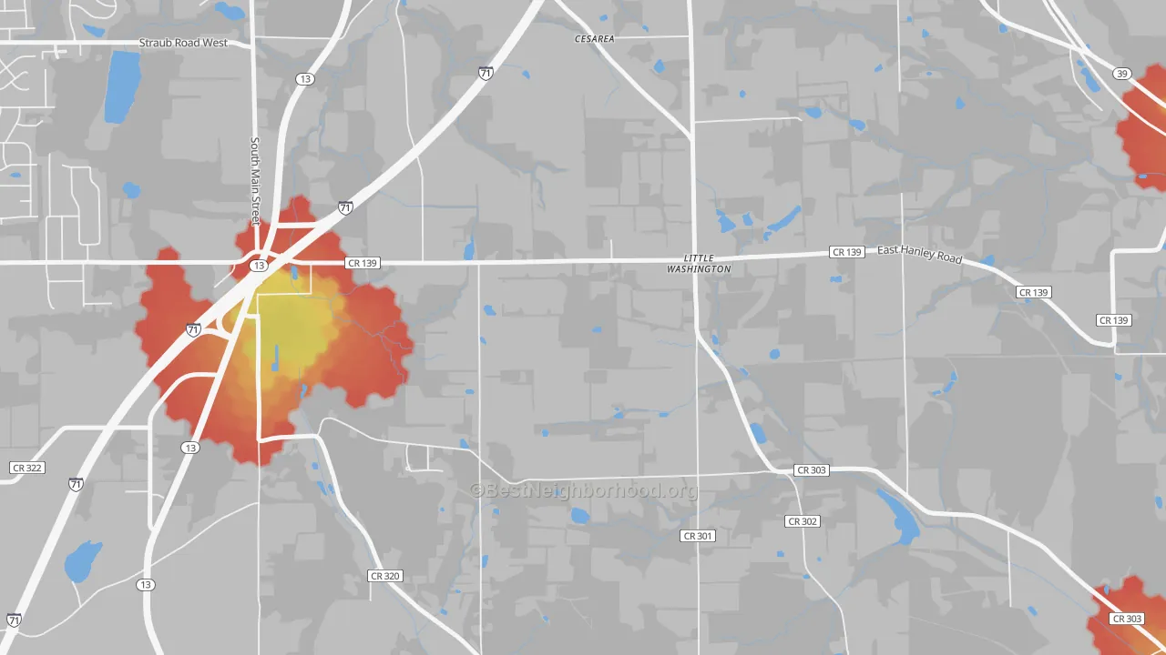 Walk Grade map of Little Washington, OH, walkable areas in green and car-dependent areas in red