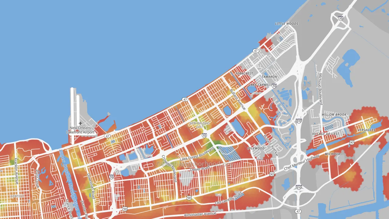 Walk Grade map of Little Woods, New Orleans, LA, walkable areas in green and car-dependent areas in red
