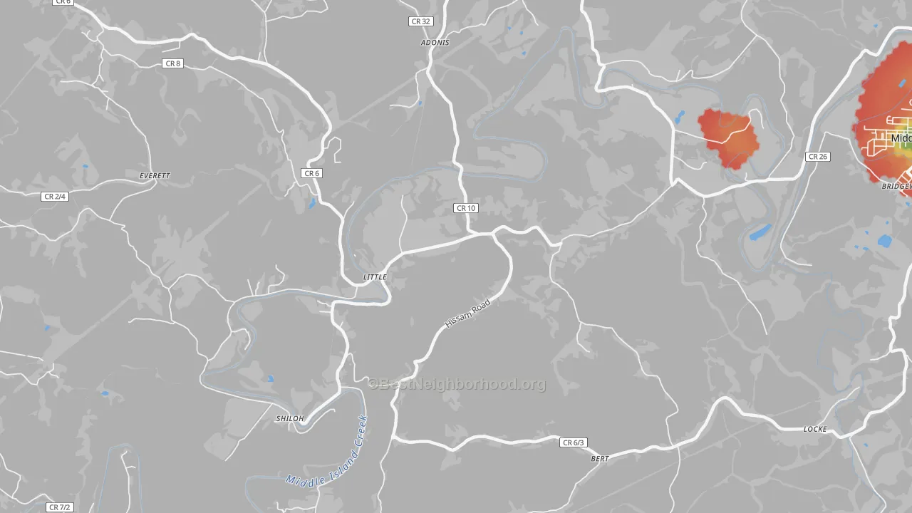 Walk Grade map of Little, WV, walkable areas in green and car-dependent areas in red